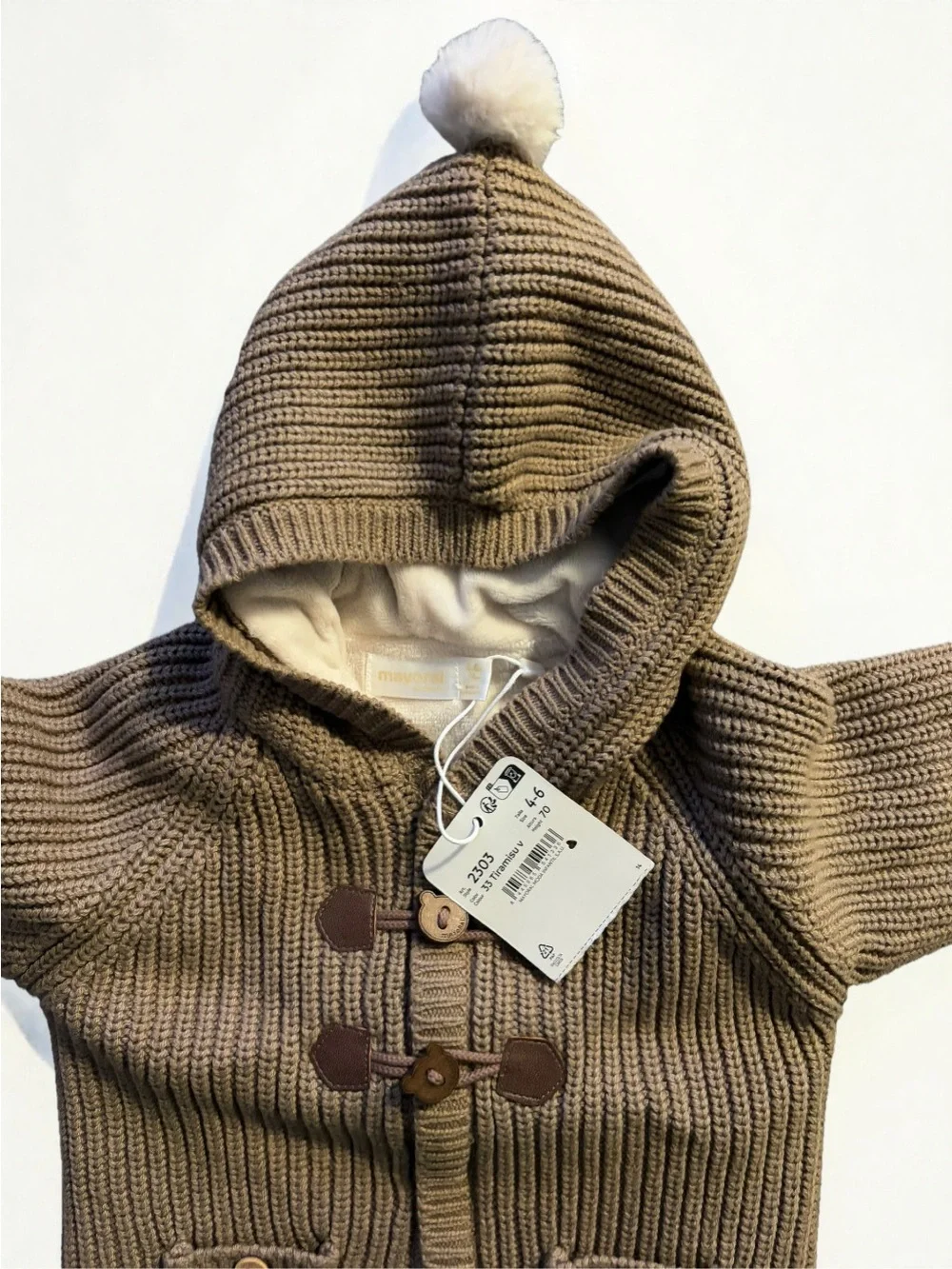 Mayoral Tan Hooded Cable Knit Sweater with Pom Pom